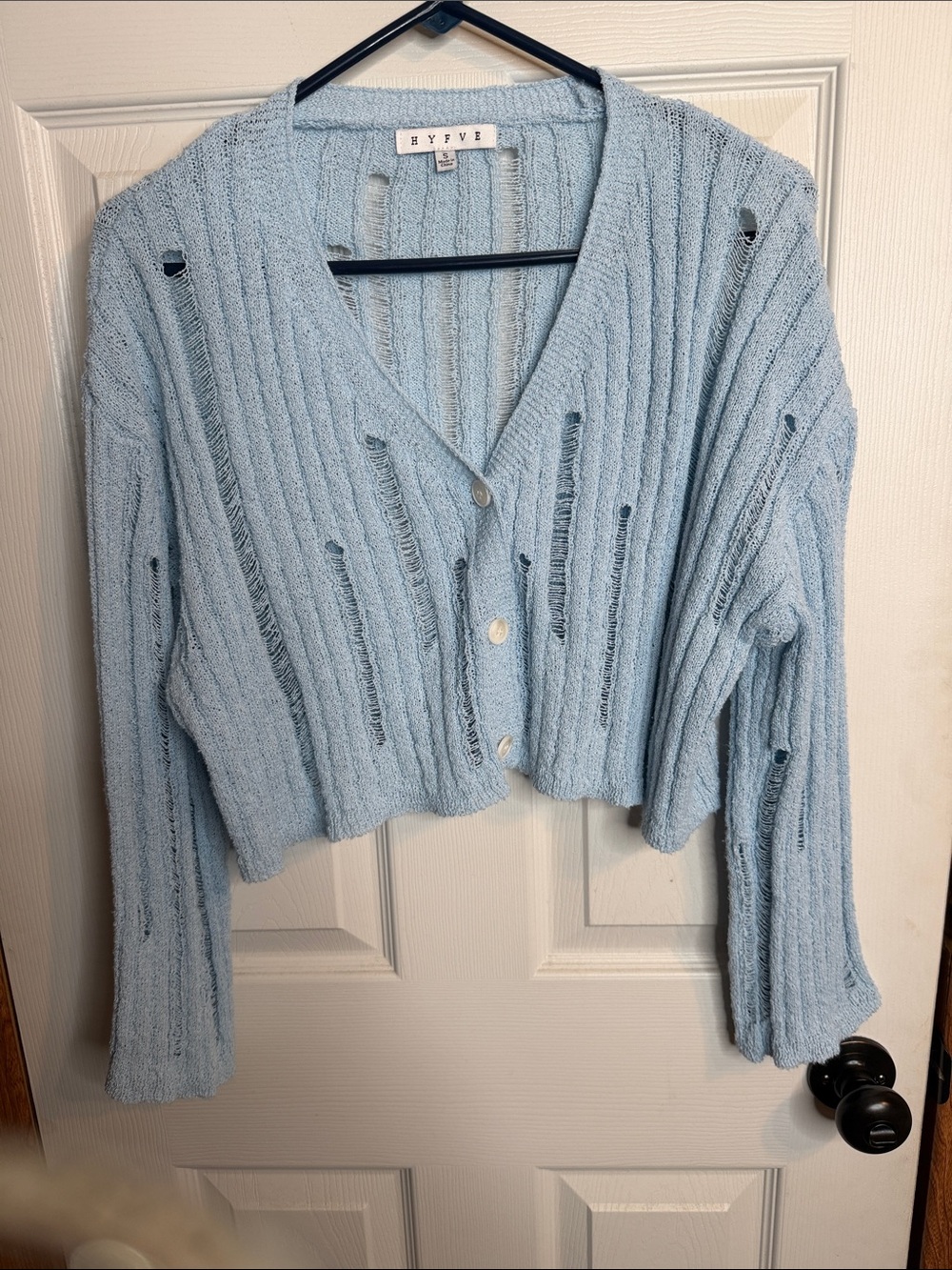 HYFVE Pale Blue Distressed Cropped V-Neck Button Cardigan